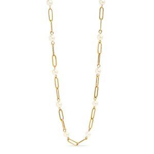 18K Gold Paperclip Chain & Pearl Necklace, PVD Coated, Water & Tarnish Resistant